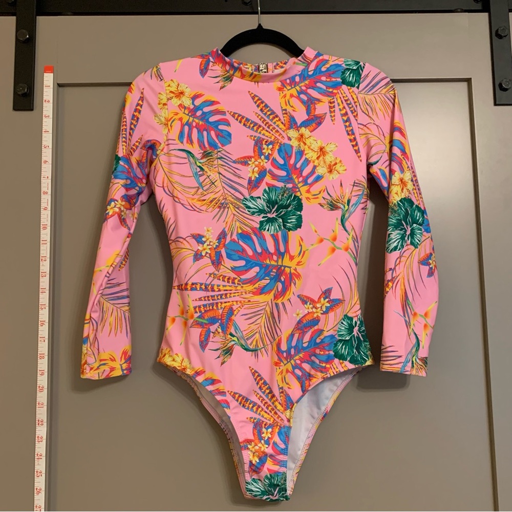 Pink Jungle Floral Long-Sleeve Surf One Piece Bathingsuit for Sun Protection Med